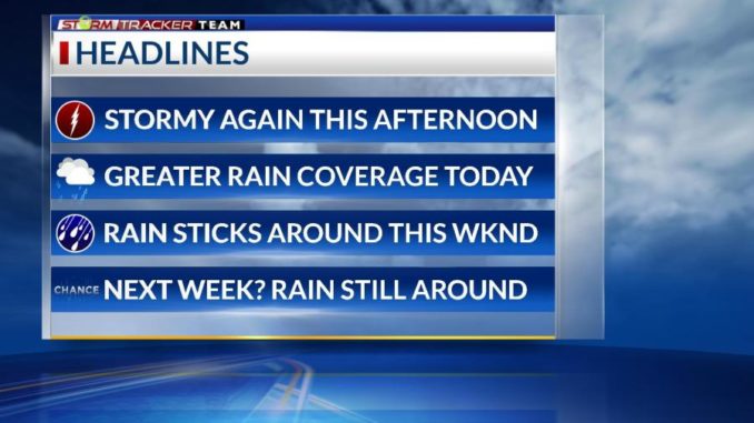 Friday Morning: Expect a stormy afternoon today with isolated rain coverage this weekend
