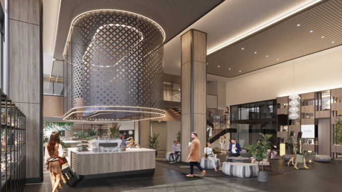Rendering of the welcome area and social lounge at the Novotel Nara