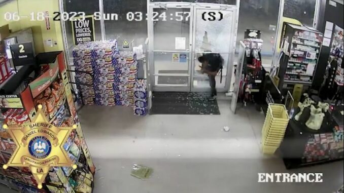Video shows man breaking into Dollar General, stealing cigarettes using rock
